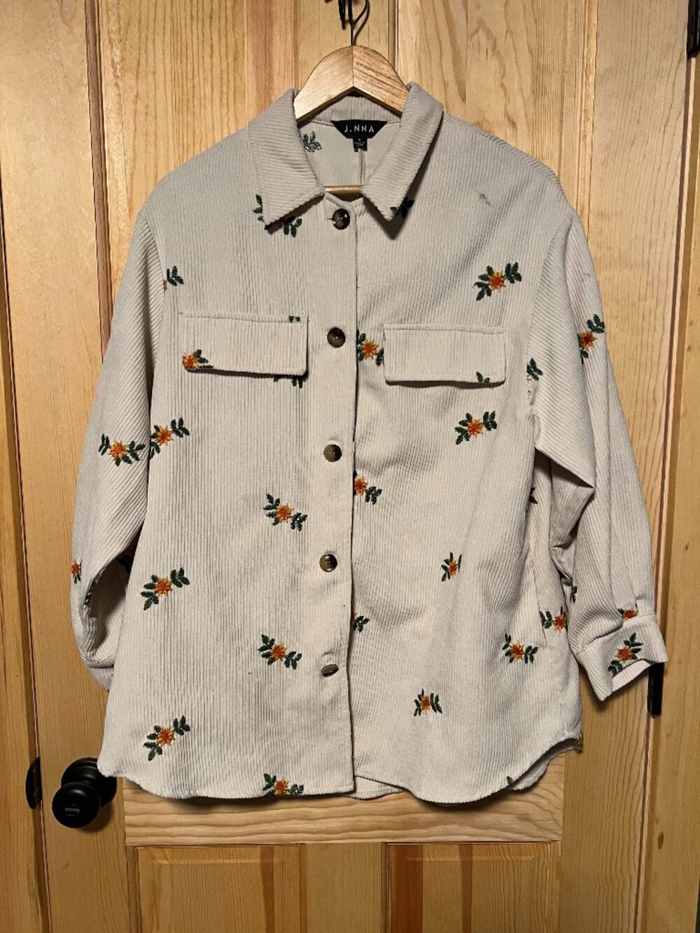 Cream Corduroy Button Down with Floral Embroidery